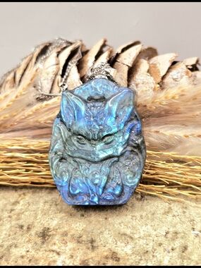 Nature Labradorite Carved Nine Tails Fox Pendant